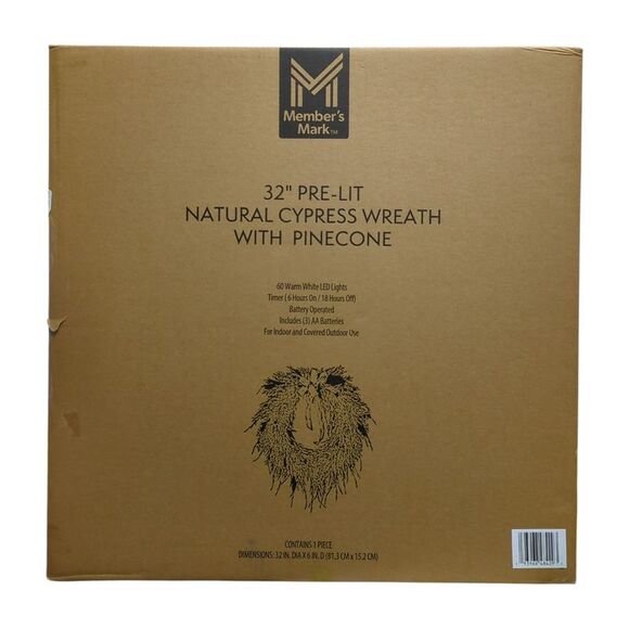 Member's Mark 32" Pre-Lit Cypress Wreath with Pinecones - Picture 2 of 2